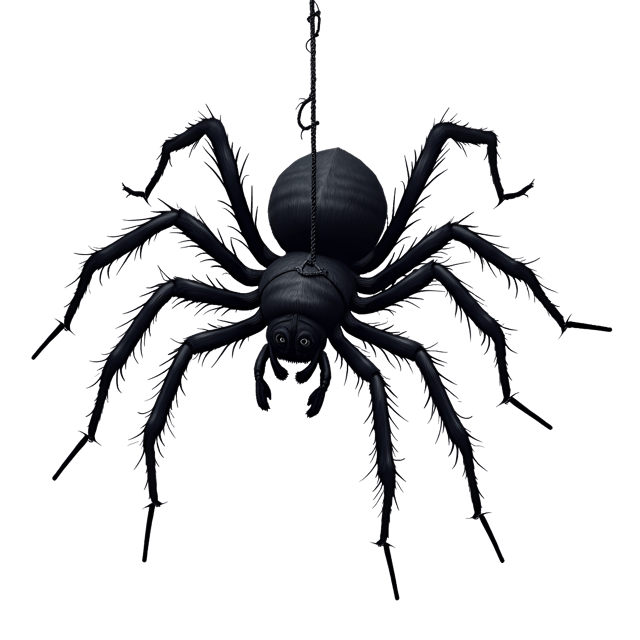 Free transparent PNG: Dreadful Spider with Black Furry Body and Long Legs Dangling from a Web - Beautiful Clipart on Transparent Background
