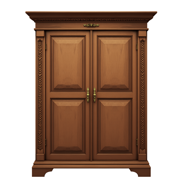 Free transparent PNG: Old Oak Wardrobe with Brass Handles and Intricate Wood Carvings - Beautiful Illustration Clipart