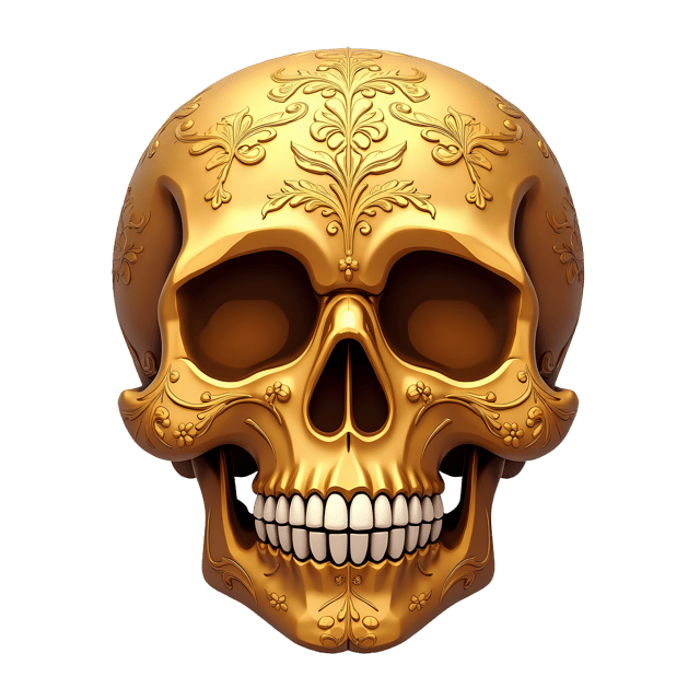 Free transparent PNG: Gilded Gold Floral Skull with Intricate Leaf Motifs PNG
