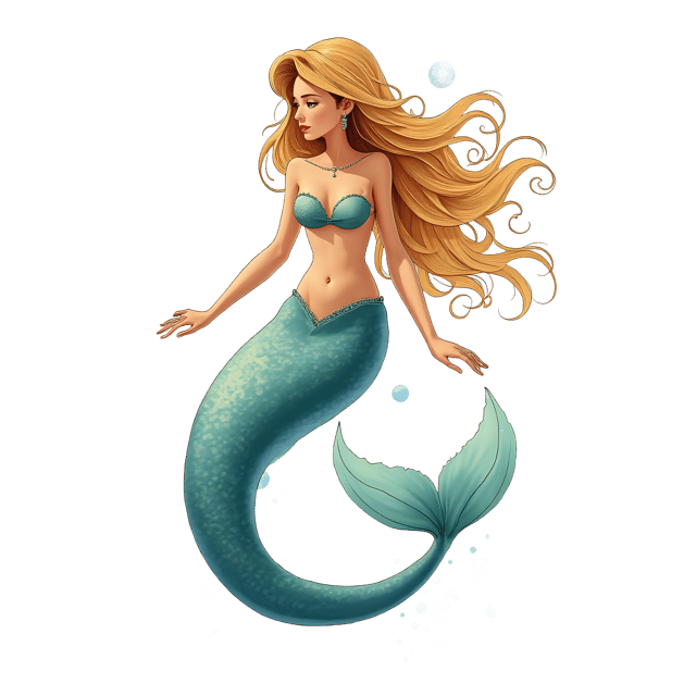 Free transparent PNG: Hand-Drawn Mermaid with Flowing Hair and Shimmering Tail
