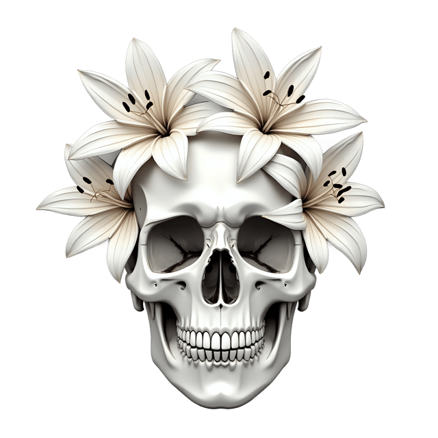 Free transparent PNG: White Floral Skull with Lilies PNG for Elegant Decor and Artwork