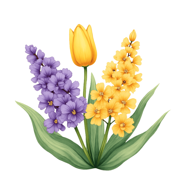 Free transparent PNG: Lavender Lilacs and Soft Yellow Tulips  Spring Bouquet Clipart, free download png