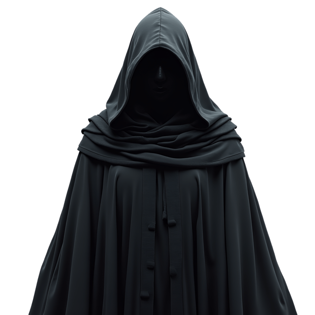 Free transparent PNG: Solemn Humanoid in Dark Robes with Hood - Realistic Illustration on White Background