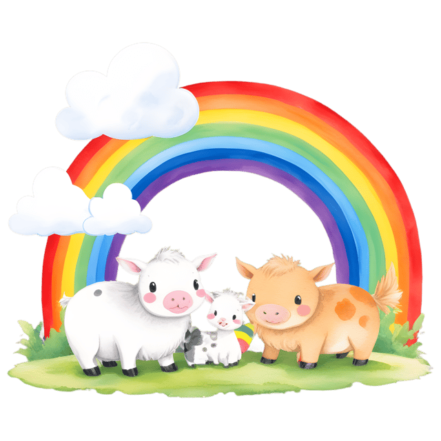 Free transparent PNG: Colorful Farm Animals Under Rainbow Sky PNG