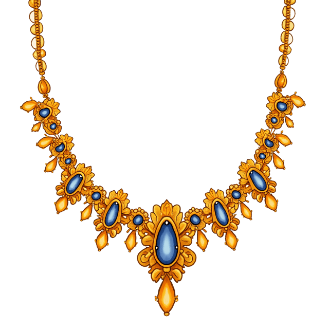 Free transparent PNG: Exquisite Gold Necklace with Central Gemstone in Whimsical Cartoon Watercolor Illustration