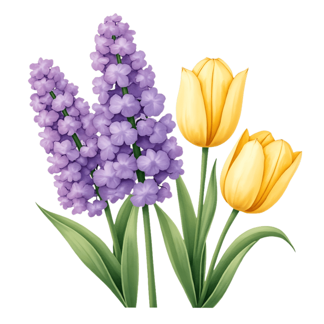 Free transparent PNG: Lavender Lilacs with Soft Yellow Tulips  Spring Bouquet Clipart, free downloadable png