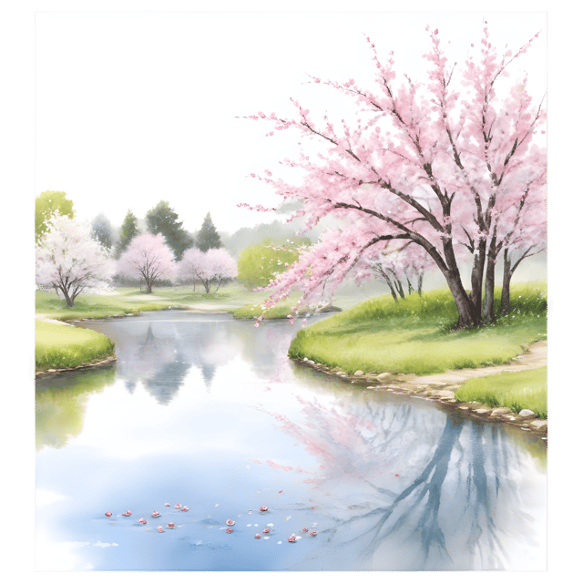 Free transparent PNG: Blossoming Cherry Trees Framing a Peaceful Pond PNG Illustration