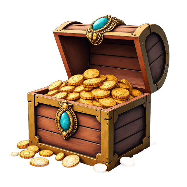 Free transparent PNG: Treasure Chest Half-Filled with Coins and Jewels PNG