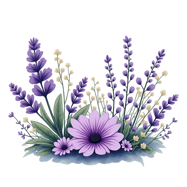 Free transparent PNG: Lavender, Yarrow, and Baby’s Breath Watercolor Illustration for Soothing Room Decor