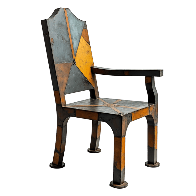 Free transparent PNG: Abstract Metal Sculpture Chair with Geometric Shapes and Painted Details