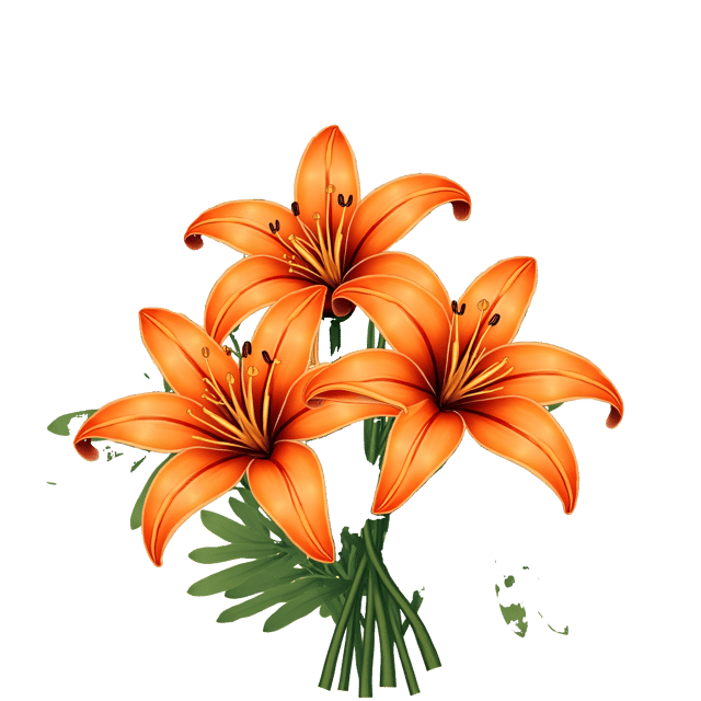 Free transparent PNG: Orange Tiger Lilies, White Lilacs, and Green Moss Watercolor Illustration on Transparent Background