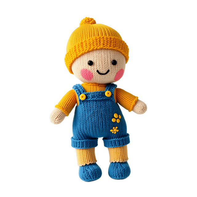Free transparent PNG: Playful Knitted Doll in Blue Overalls with Stars PNG