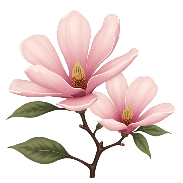 Free transparent PNG: Pale Pink Magnolia with Waxy Leaves - Large, Fragrant Flower PNG Illustration for Botanical Art