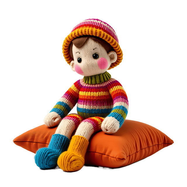 Free transparent PNG: Colorful Knitted Doll on Cushion PNG with Transparent Background