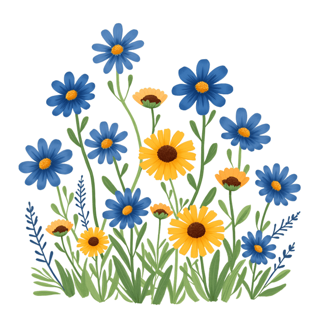 Free transparent PNG: Deep Blue Cornflowers, Yellow Black-Eyed Susan, and Purple Lavender Watercolor Illustration for Whimsical Cute Decor