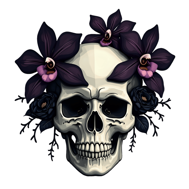 Free transparent PNG: Mysterious Floral Skull with Dark Orchids and Black Roses PNG