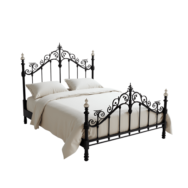 Free transparent PNG: Elegant Iron Bed Frame with Ornate Headboard and Soft White Bedding PNG