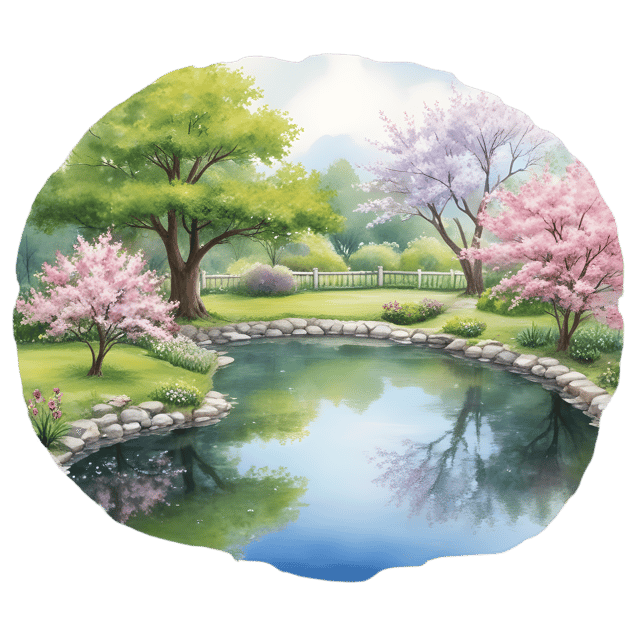 Free transparent PNG: Flowering Trees and Pond Scene PNG with Transparent Background for Art and Design
