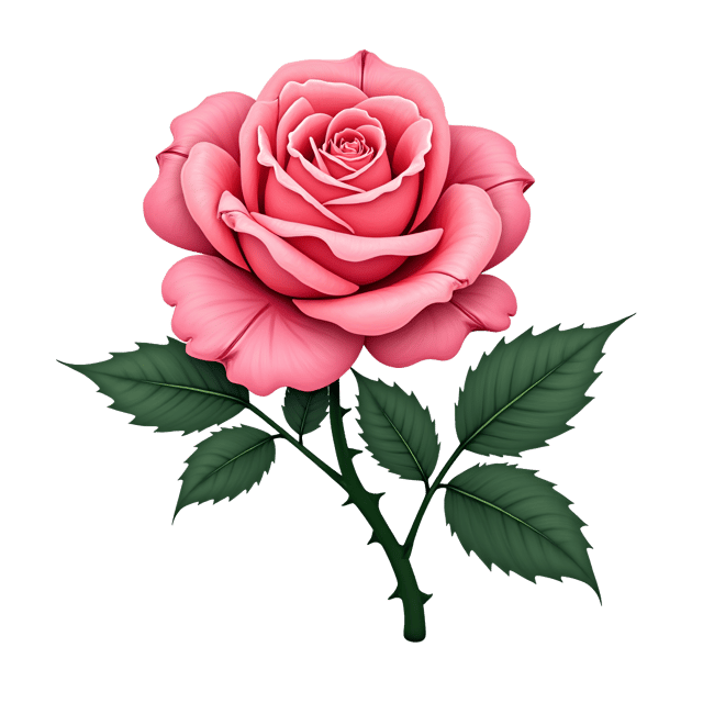 Free transparent PNG: Bright Pink Rose with Thorns and Green Leaves - Beautiful Illustration Clipart