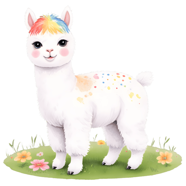 Free transparent PNG: Playful Alpaca with Rainbow Accents in Meadow PNG