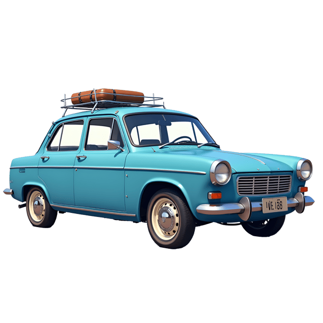 Free transparent PNG: Charming Blue Sedan with Luggage Rack and Whitewall Tires on White Background
