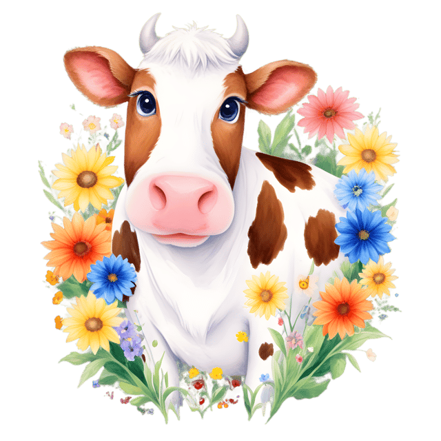 Free transparent PNG: Cheerful Cow with Colorful Farm Flowers PNG Illustration for Nursery and Craft Projects