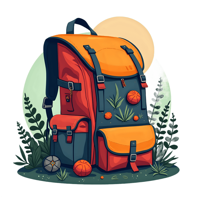 Free transparent PNG: Traveling Backpack with Outdoor Gear and Nature-Inspired Graphics PNG