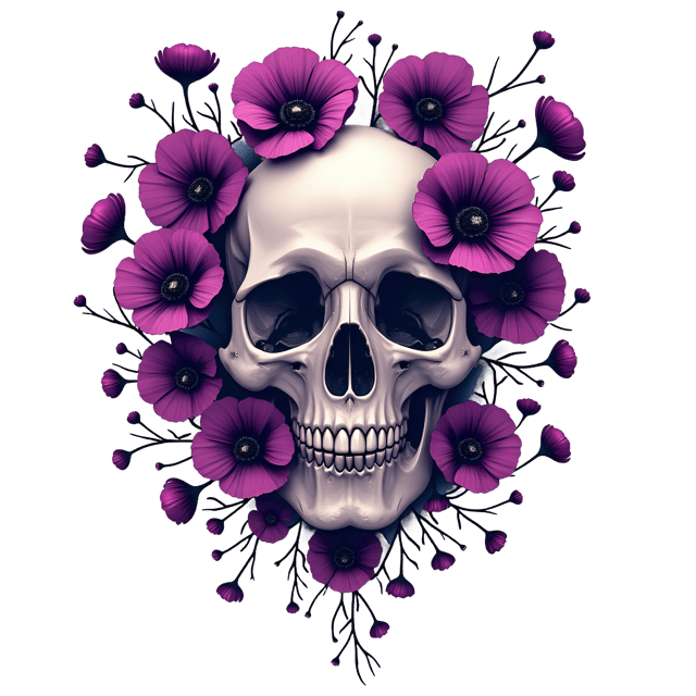 Free transparent PNG: Gloomy Purple Floral Skull with Wilted Poppies PNG Illustration