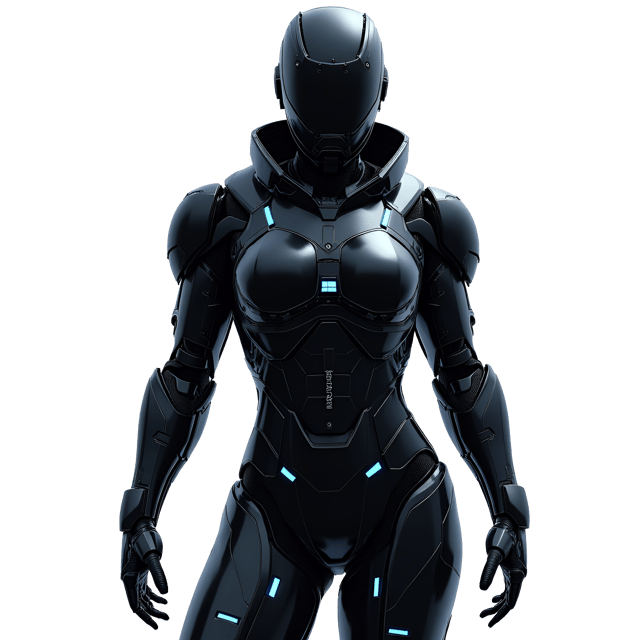 Free transparent PNG: Futuristic Humanoid in Black Armor with Blue Tech Accents on White Background