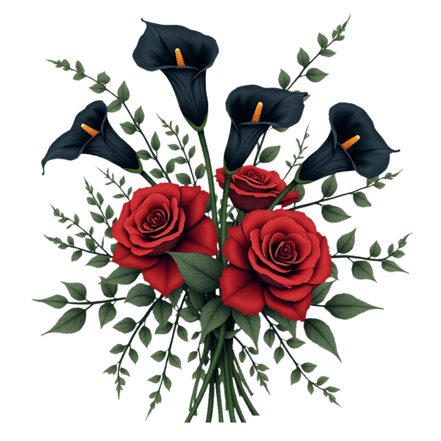 Free transparent PNG: Victorian Gothic Arrangement  Black Calla Lilies  Crimson Roses Clipart, free png download