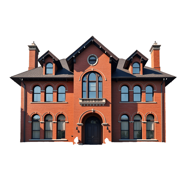 Free transparent PNG: Imposing Brick Mansion with Arched Windows and Grand Entrance PNG Illustration