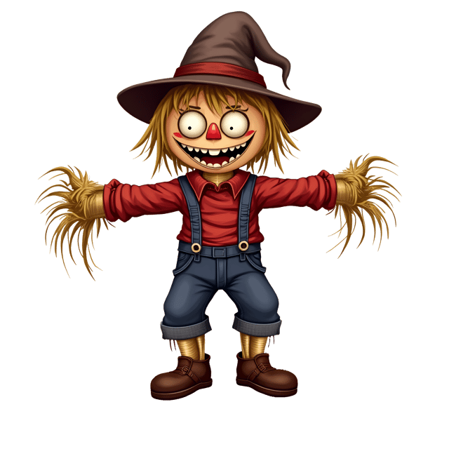 Free transparent PNG: Creepy Scarecrow Clipart with Hay and Wide Eyes for Halloween and Farm Themed Designs