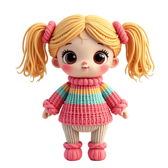 Free transparent PNG: Adorable Pastel Knitted Doll with Pig tails and Big Eyes