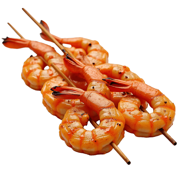 Free transparent PNG: Tender Grilled Shrimp Skewers with Zesty Marinade and Charred Marks PNG