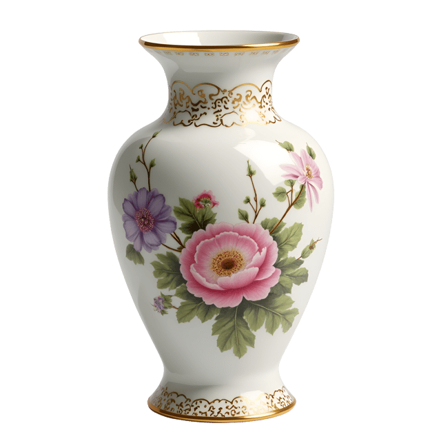 Free transparent PNG: Charming White Porcelain Vase with Hand-Painted Floral Bouquets and Gilded Rim