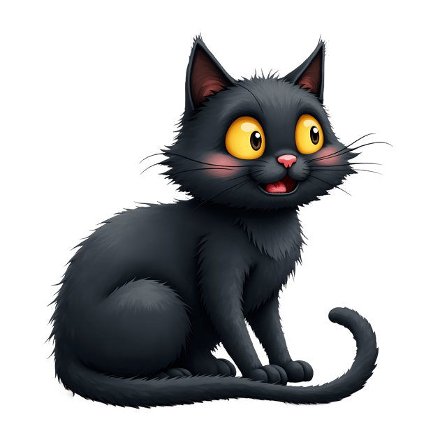 Free transparent PNG: Silly Black Cat PNG with Extra-Long Tail and Playful Yellow Eyes on Transparent Background