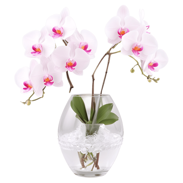 Free transparent PNG: Elegant Orchids in Crystal Vase PNG Design for Decorative and Crafting Uses