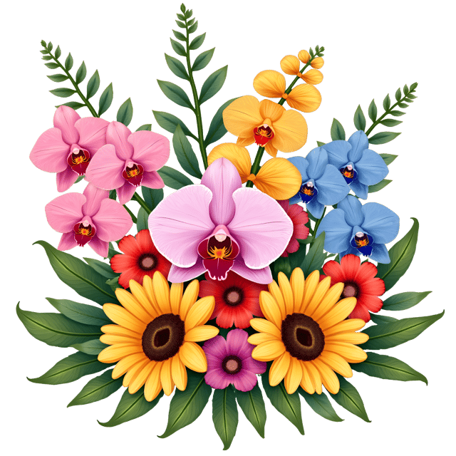 Free transparent PNG: Colorful Orchids, Peonies, and Sunflowers Clipart for Floral Design Projects