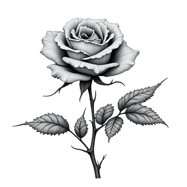 Free transparent PNG: Ink Drawing of a Detailed Rose with Thorns and Dewdrops on Transparent Background