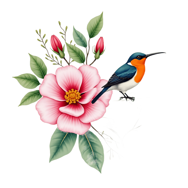 Free transparent PNG: Chinoiserie Camellia and Paradise Flycatcher  Exquisite Oriental Design Clipart, Free PNG Download