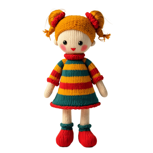Free transparent PNG: Knitted Doll in Striped Dress PNG with Transparent Background for Crafting and Decor