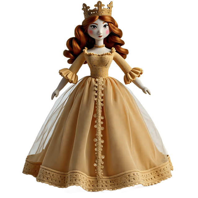 Free transparent PNG: Majestic Knitted Doll in Gold Crown and Ornate Gown PNG