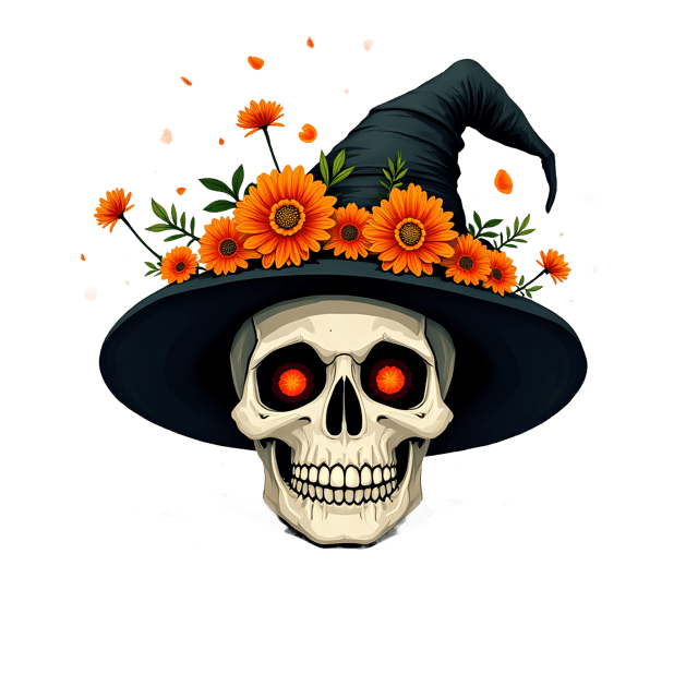 Free transparent PNG: Bloody Floral Skull with Marigold Petals PNG Illustration for Decorative and Artistic Uses