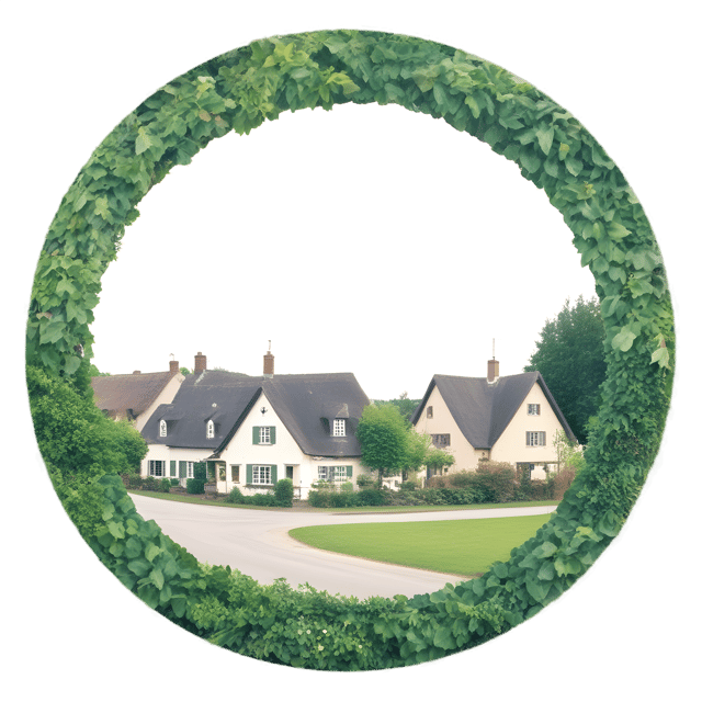 Free transparent PNG: Quaint Village in Lush Greenery with Circular Border PNG