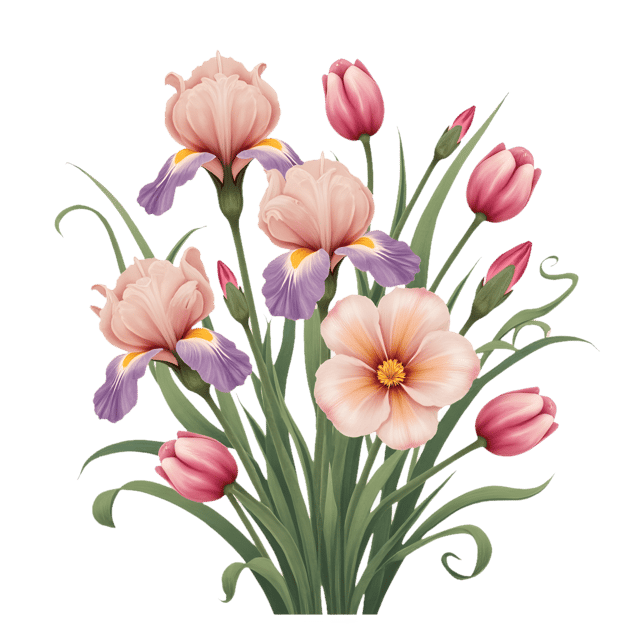 Free transparent PNG: Art Nouveau Arrangement  Swirling Irises and Soft Pastel Tulips, free png download