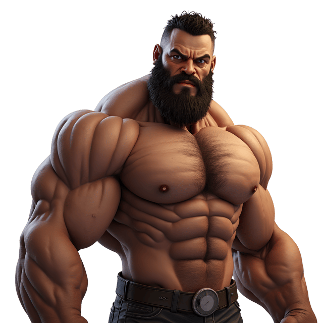 Free transparent PNG: Muscular Brown Humanoid with Rugged Beard and Intense Gaze - Realistic Illustration on White Background