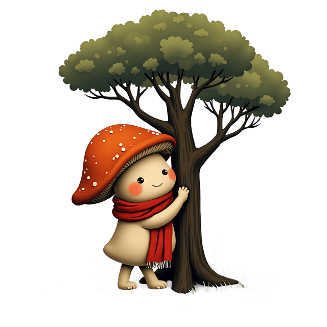 Free transparent PNG: Mushroom in a Scarf Hugging a Tree Transparent PNG Illustration for Nature and Forest Art