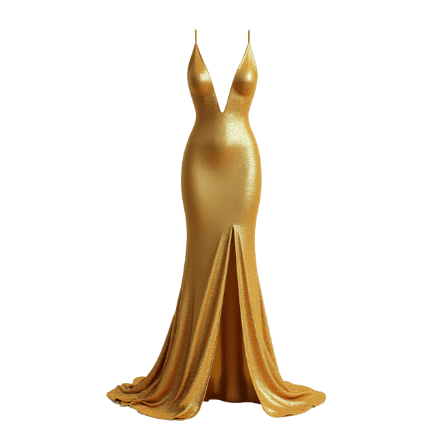 Free transparent PNG: Gold Sequin Evening Gown with Slit and Plunging Neckline - Realistic Illustration