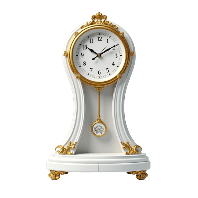 Free transparent PNG: Elegant White Clock with Gold Accents and Crystal Pendulum - Isolated on White Background