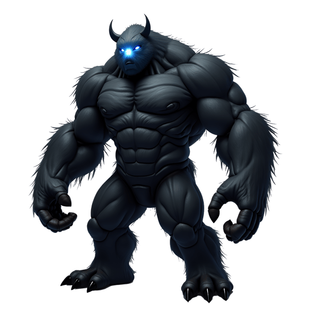 Free transparent PNG: Robust Male Humanoid with Dark Fur and Glowing Blue Eyes – Realistic Illustration on White Background